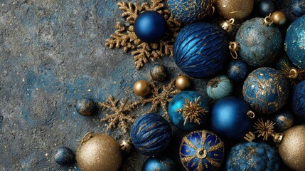Obraz premium colorful blue and gold holiday decorations arranged on a textured background for festive celebrations