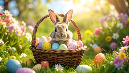 Adorable Easter Bunny in Basket with Colorful Eggs and Spring Flowers