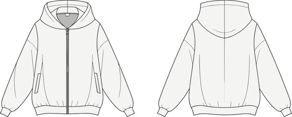 Hoodie jacket fashion flat sketch, unisex zip up hooded sweatshirt template, casual streetwear apparel design, vector illustration front and back © Creatives Art