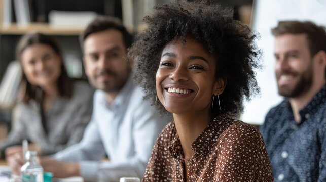 young african american office worker laughing while sitting with a diverse group of colleagues during a meeting no logos no brands ar 169 - Powered by Adobe