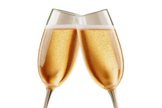 Close-up of two champagne glasses toasting with bubbles and sparkling wine, cut out