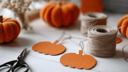 halloween craft session with orange paper pumpkin cutouts scissors and twine on a white table capturing festive creativity and preparation for holiday decoration