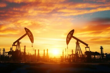 Oil pumps silhouette against a vibrant sunset in an industrial setting