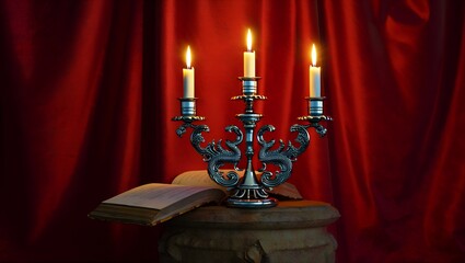 Ornate candlelit candelabra on pedestal beside an open antique book, mysterious and scholarly atmosphere, dark ambiance