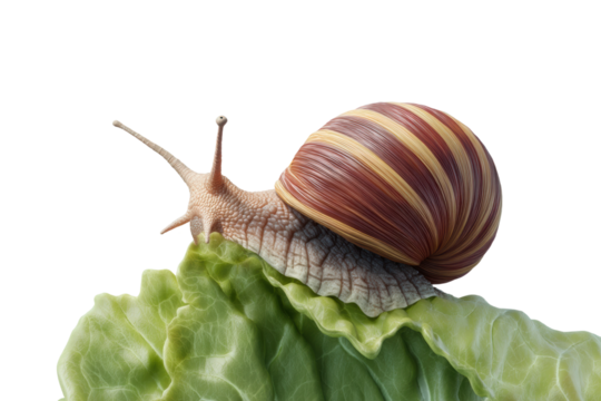 Colorful snail on leafy greens against black background, cut out