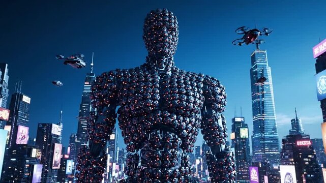 Futuristic cityscape with swarm of drones flying through the neon-lit skyline, showcasing technological advancement and future urban mobility