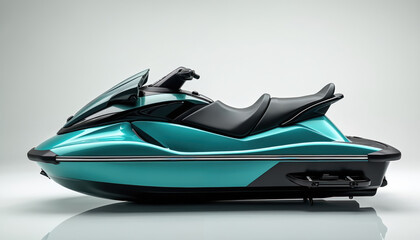 Naklejka premium Sleek teal jet ski watercraft shown in studio. Smooth, modern design with glossy metallic finish. Powerful, fast vehicle for water sports, summer adventures, and exciting leisure activities.