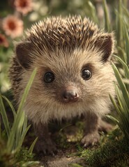 Fototapeta premium Adorable curious hedgehog peeking through lush green grass amidst soft focus wildflowers, a captivating close-up evoking wonder and nature's charm