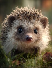Fototapeta premium Adorable hedgehog peeking from lush green grass with sparkling eyes, capturing a moment of wild charm and natural beauty
