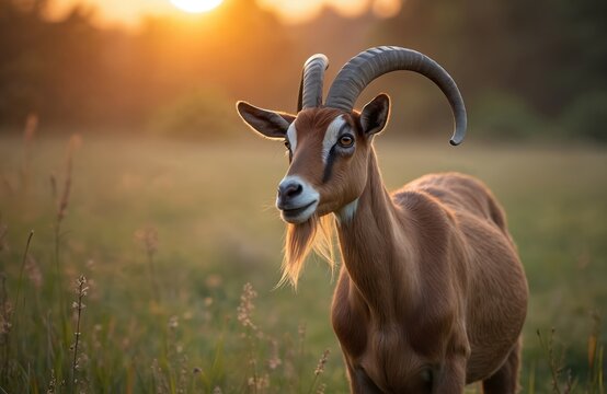 Brown goat with curved horns stands in sunlit field at sunset. Farm animal detailed face with amber eyes, prominent beard. Domestic mammal common in rural Asian agriculture, known for meat, milk.