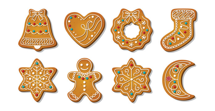 Christmas Gingerbread cookies for xmas celebration. Winter homemade sweets and biscuit in festive shapes isolated on white background. Cute flat desserts. Cartoon vector illustration