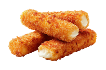 Golden-brown mozzarella sticks with crispy breadcrumb coating, cut out