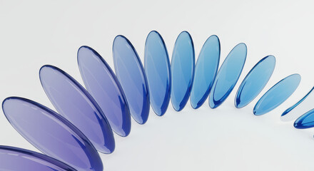 Clean abstract 3D render of ultra-thin transparent rounded glass panels, structured precisely in a continuous smooth half-oval curve formation, representing advanced user interface design elements.