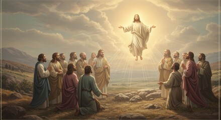 The Ascension of Jesus Christ Witnessed by the Apostles in a Divine Scene