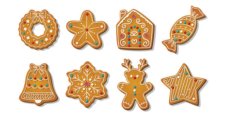 Christmas Gingerbread cookies for xmas celebration. Winter homemade sweets and biscuit in festive shapes isolated on white background. Cute decorated desserts. Cartoon simple vector illustration