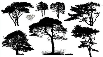A diverse collection of black silhouettes of various trees, perfect for graphic design elements or background illustrations.