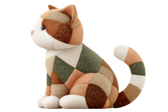 Adorable patchwork calico cat figurine with geometric patterns, cut out