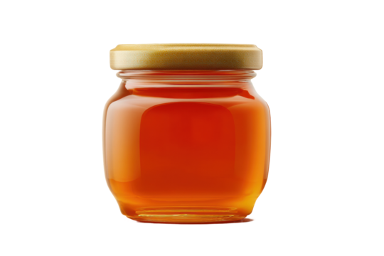 Glass jar of pure golden honey with lid on white background, cut out