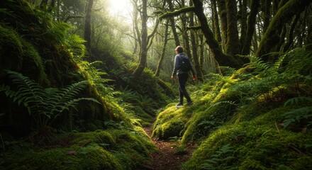 Fototapeta premium A solitary explorer ventures into a vibrant green forest brimming with life and mystery