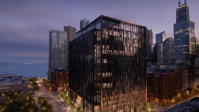 A dark modern highrise dominates a cityscape as dusk settles with lights ablaze, along a waterfront