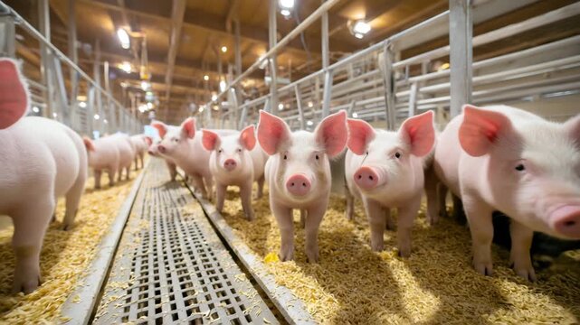 In a bright and clean farm setting, several pigs roam freely. They explore their space and interact with one another, enjoying a safe and comfortable living environment