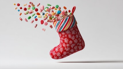 Obraz premium christmas stocking hanging with candy coming out of it on white background