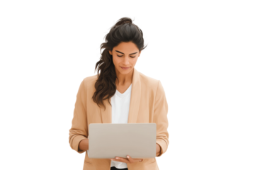 Caucasian young adult female in beige blazer using laptop for business or study, cut out