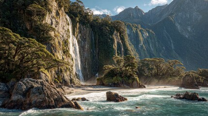 Dramatic coastal scenery featuring a cascading waterfall cascading down a cliff face, surrounded by lush vegetation and rocky shoreline, bathed in the light of a bright sunny day.