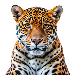 Obraz premium Close up portrait of a jaguar with black spots on orange fur against black big cat feline