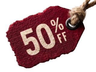 A price tag with bold 50 percent off text isolated on transparent background for discount promotion design