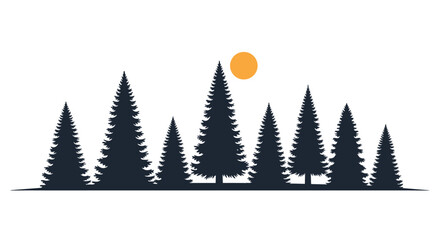 Obraz premium A serene minimalist landscape featuring a silhouetted evergreen forest under a warm setting sun.