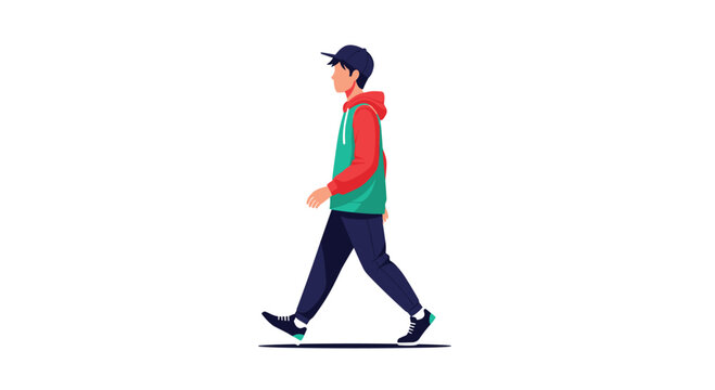 A young man wearing a red hoodie and a blue backpack walks forward with a casual stride. His dark pants and sneakers complete his laid-back look as he moves steadily.