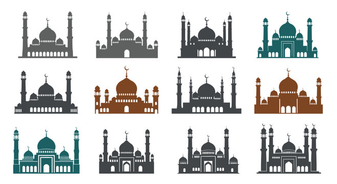 Collection of mosque silhouettes representing architectural diversity and religious symbolism in Islamic culture.