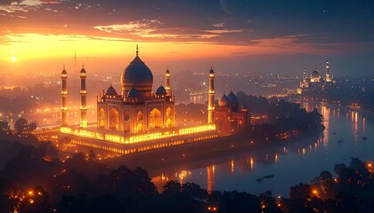 Fototapeta premium Illuminated architectural marvel at sunset over tranquil river landscape