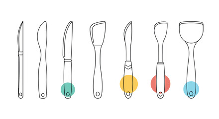 An assortment of kitchen utensils including knives and spatulas are displayed in a row.
