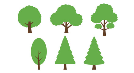 A collection of six stylized green trees with brown trunks and branches.