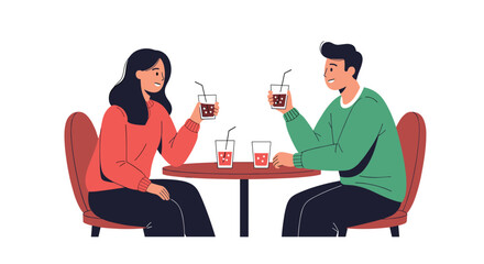 A man and a woman are sitting at a table drinking coffee.