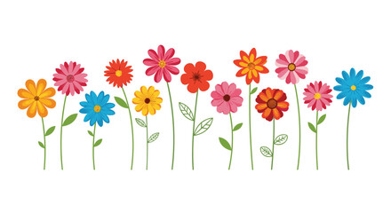 A colorful display of diverse wildflowers blooming on a clear sunny day.