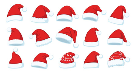 Collection of various red santa hats with white fur trim in pixel art style.