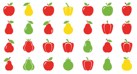 A grid of colorful pixelated fruits and vegetables including apples pears and peppers