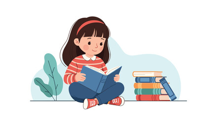 A young girl happily reads an open book surrounded by more books and a leafy plant.