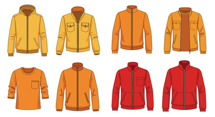 A collection of various jacket styles in warm colors like yellow and orange.