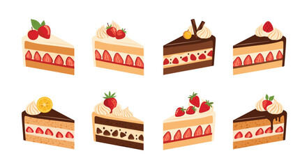 Delicious slices of layered cake with fresh fruit and cream toppings .