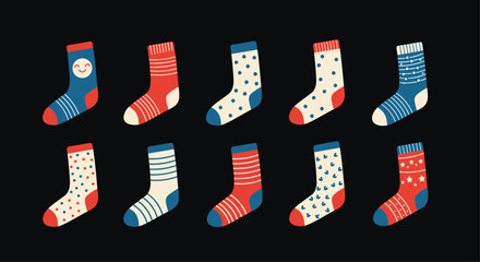 A colorful collection of patterned socks displayed against a dark background.
