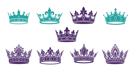 A collection of decorative royal crowns and regal headwear in various ornate designs and colors.