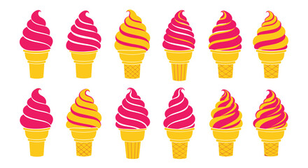 A delightful assortment of colorful ice cream cones displayed in two rows.