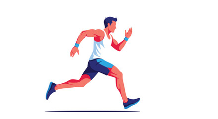Fit athletic man in sportswear running fast on white background outdoors.