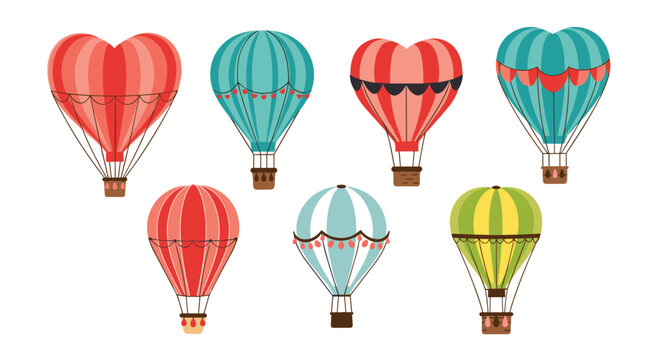 Colorful hot air balloons in different designs and patterns floating in the sky.