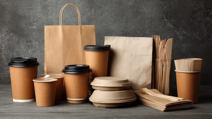 package recycling and eating concept  disposable paper container for takeaway food with cups bags napkins and cutlery on table no logos no brands ar 169