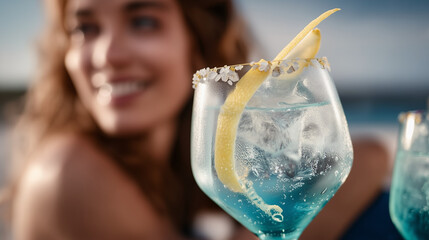 Close-Up of a Blue Beverage with Lemon Garnish that Looks Like Venturo Spritz